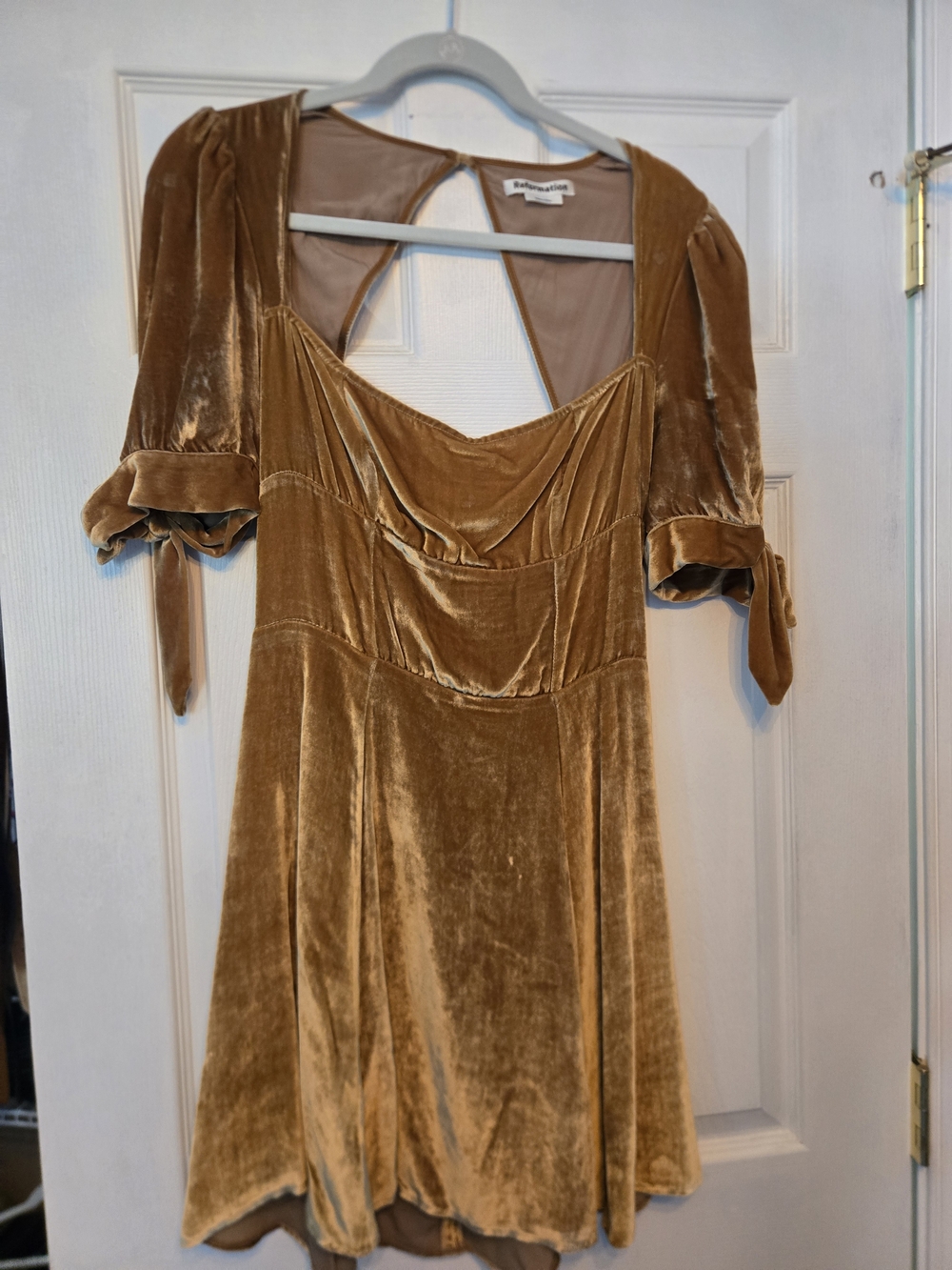 Reformation Mustard Velvet Mini Dress with Tie Sleeves